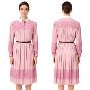 Vintage 80s THE JONES GIRL Floral Long Sleeve Dress Size 14 Pink Belted Pleated